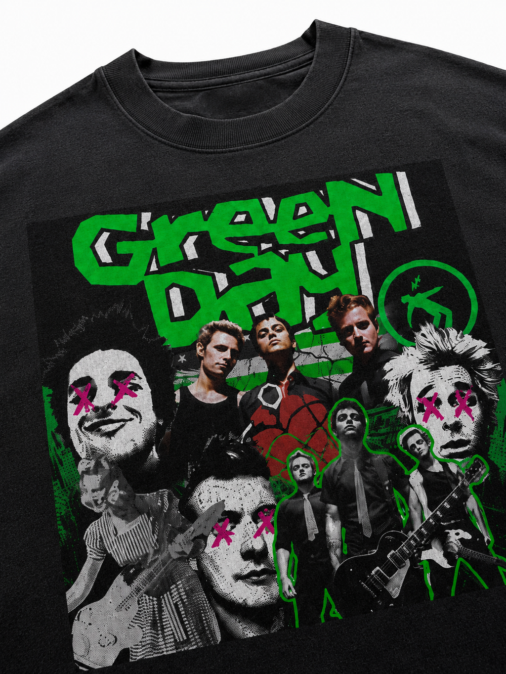Green Day Unisex Oversized Graphic T-Shirt With Toxic Green Punk Collage Chaos Design 