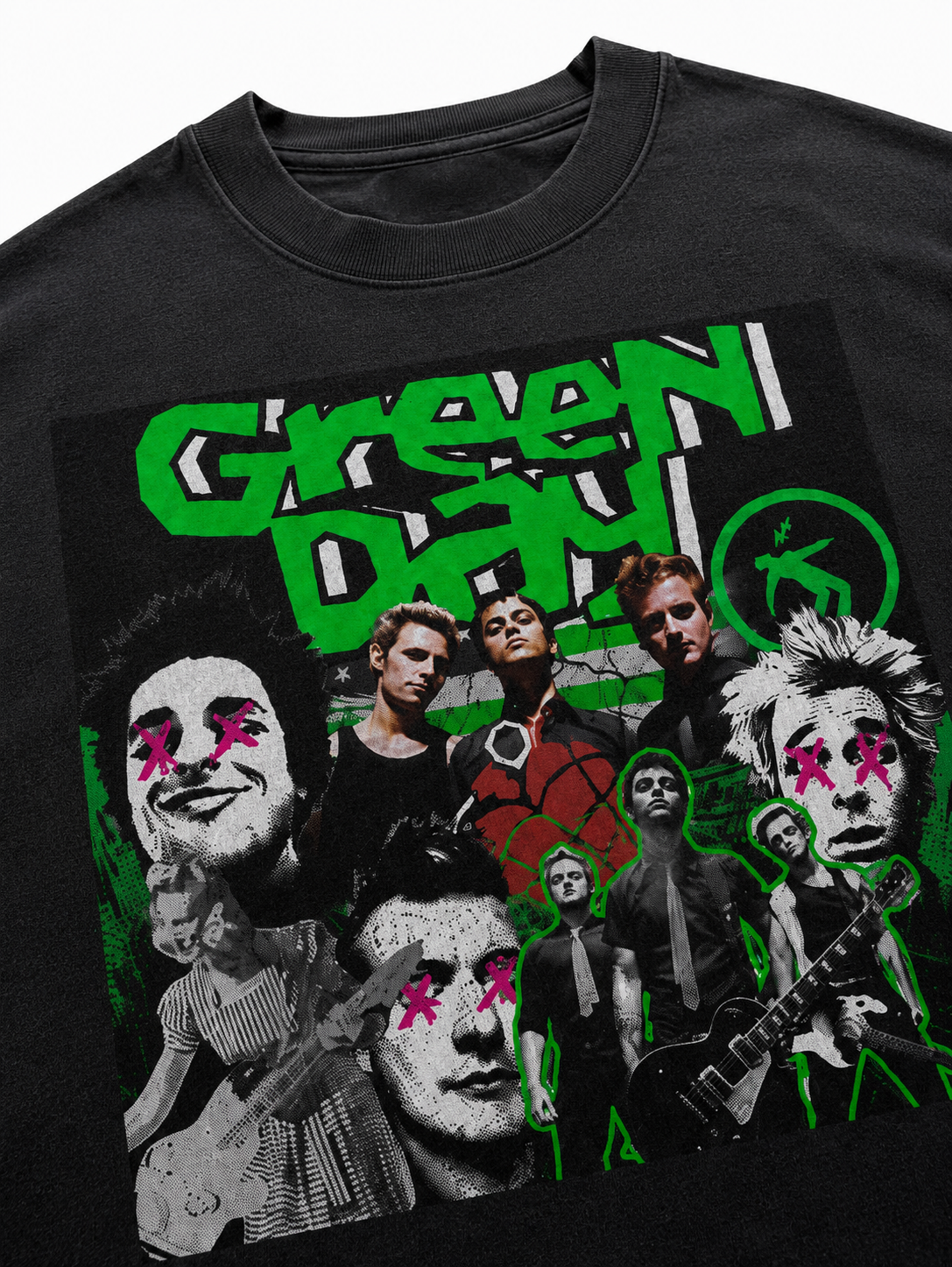 Green Day Unisex Oversized Graphic T-Shirt With Toxic Green Punk Collage Chaos Design 