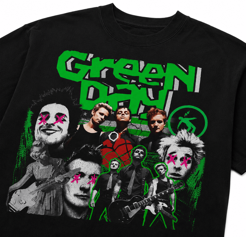 Green Day Unisex Oversized Graphic T-Shirt With Toxic Green Punk Collage Chaos Design Close-Up