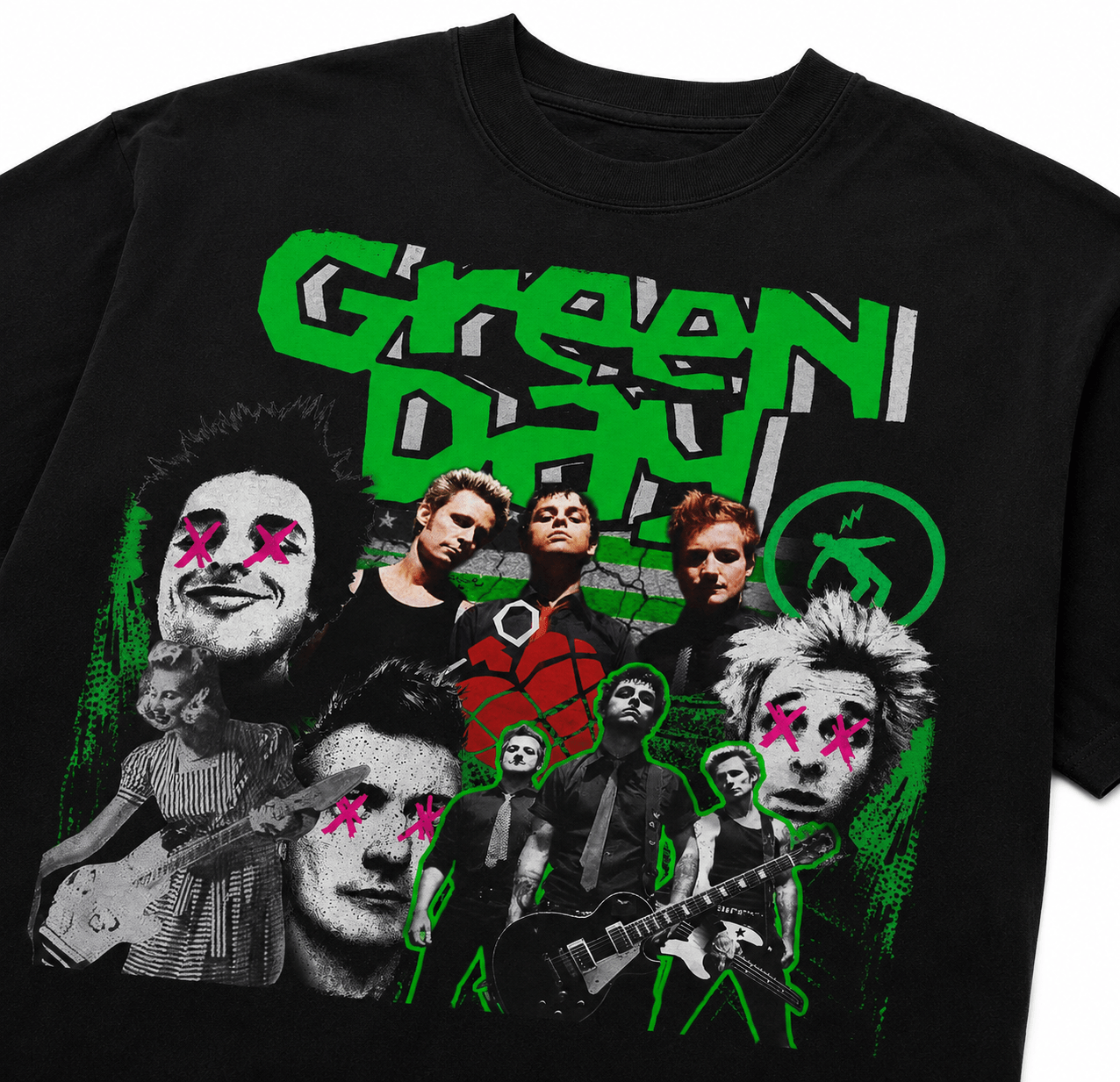 Green Day Unisex Oversized Graphic T-Shirt With Toxic Green Punk Collage Chaos Design Close-Up