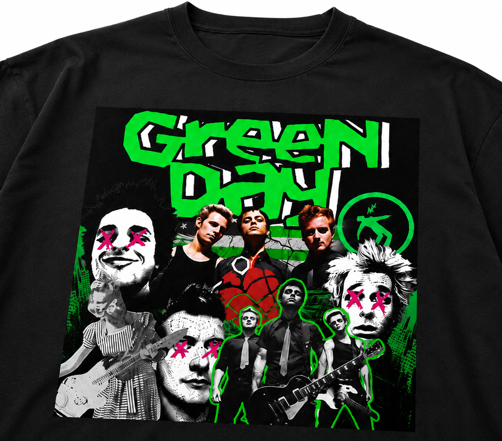 Green Day Unisex Oversized Graphic T-Shirt With Toxic Green Punk Collage Chaos Design 