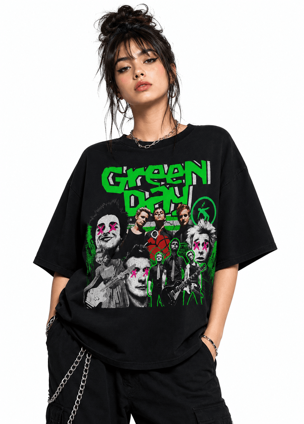 Green Day Unisex Oversized Graphic T-Shirt With Toxic Green Punk Collage Chaos Design Female Model