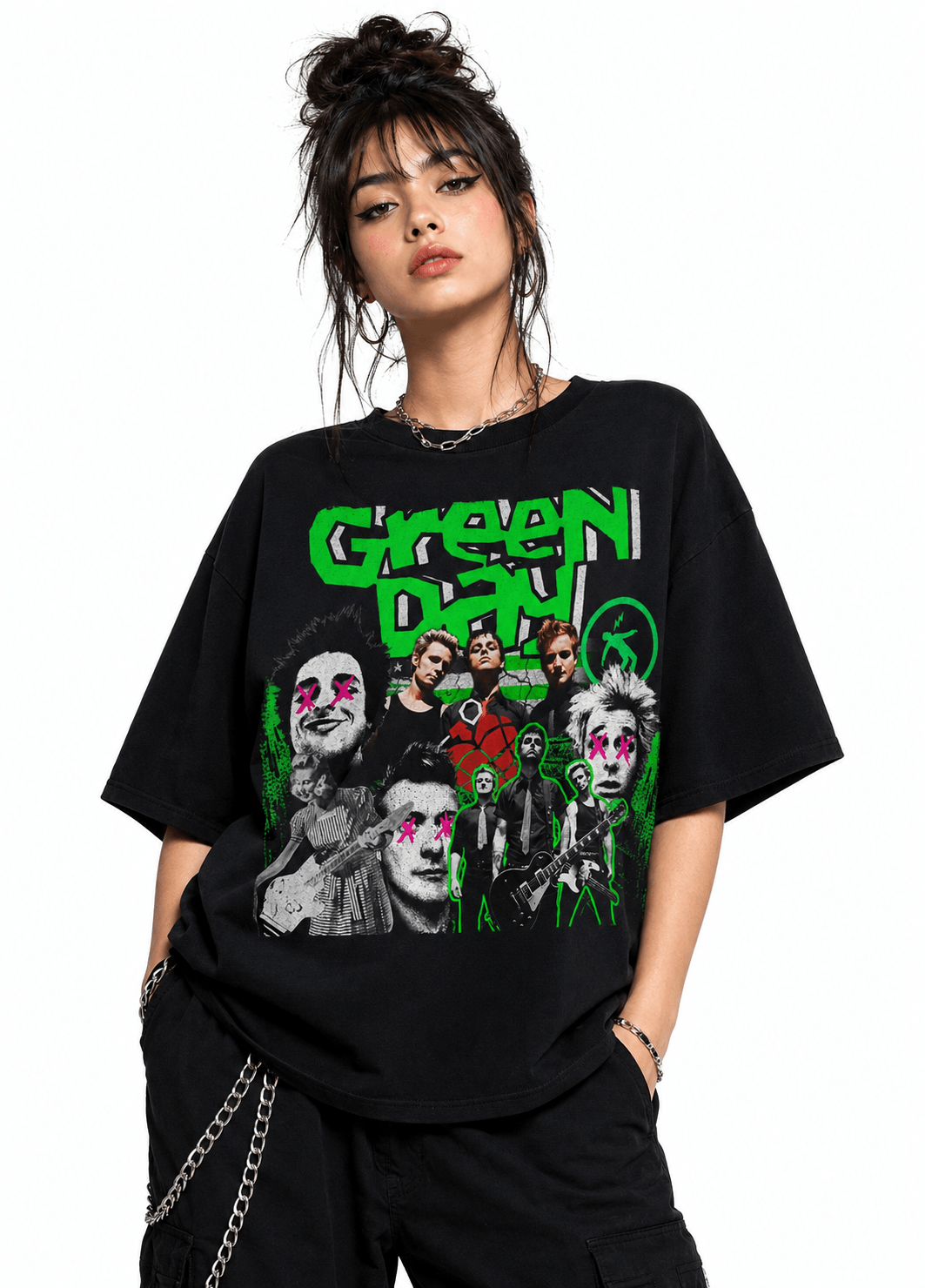 Green Day Unisex Oversized Graphic T-Shirt With Toxic Green Punk Collage Chaos Design Female Model