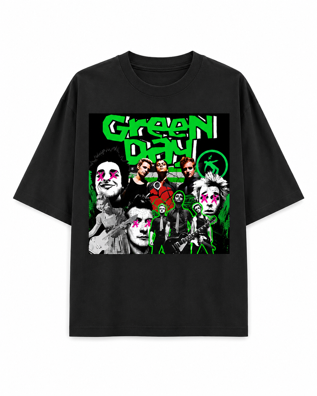 Green Day Unisex Oversized Graphic T-Shirt With Toxic Green Punk Collage Chaos Design 