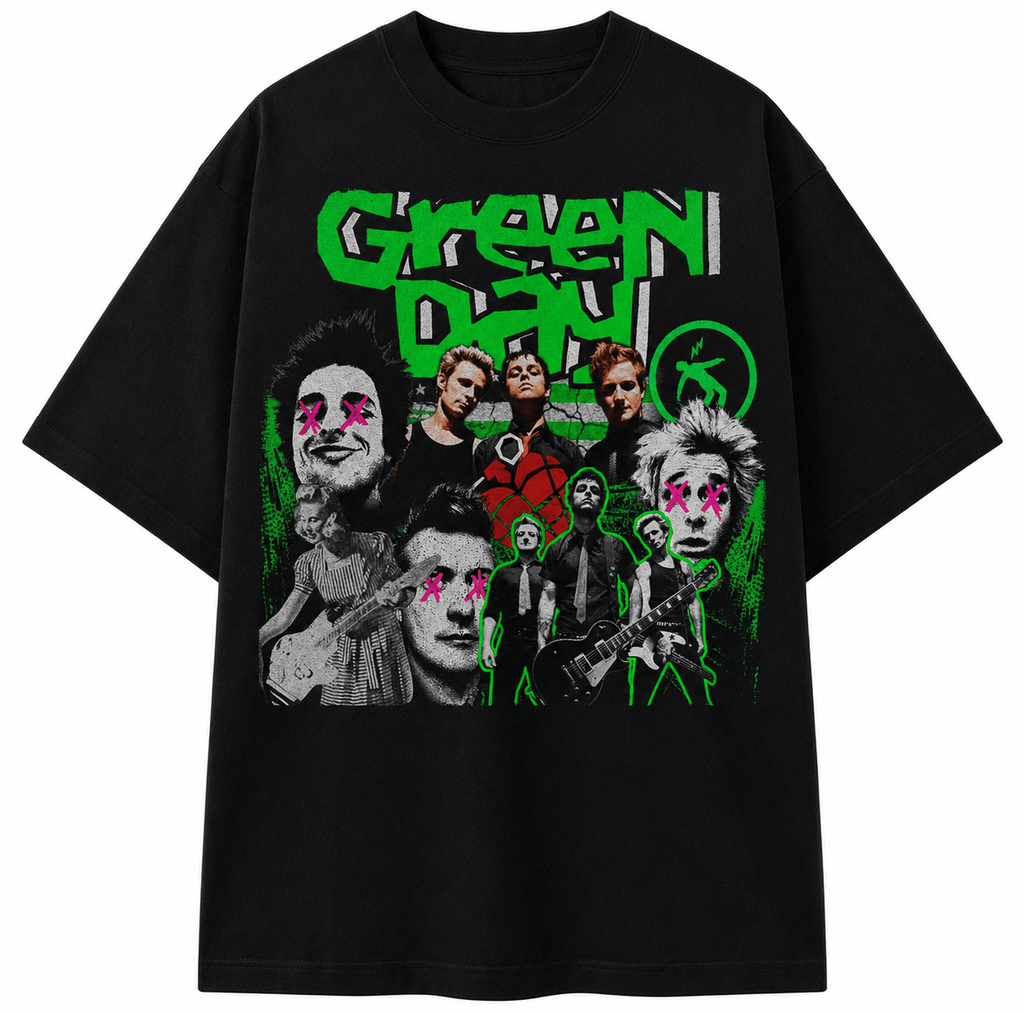 Green Day Unisex Oversized Graphic T-Shirt With Toxic Green Punk Collage Chaos Design Front 