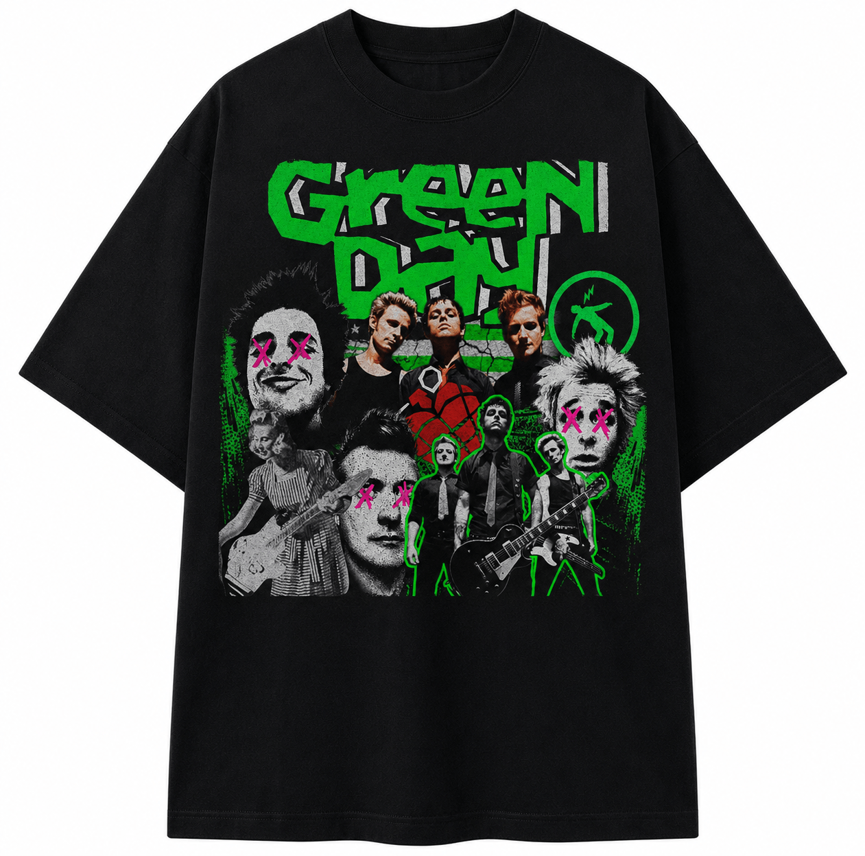 Green Day Unisex Oversized Graphic T-Shirt With Toxic Green Punk Collage Chaos Design Front 