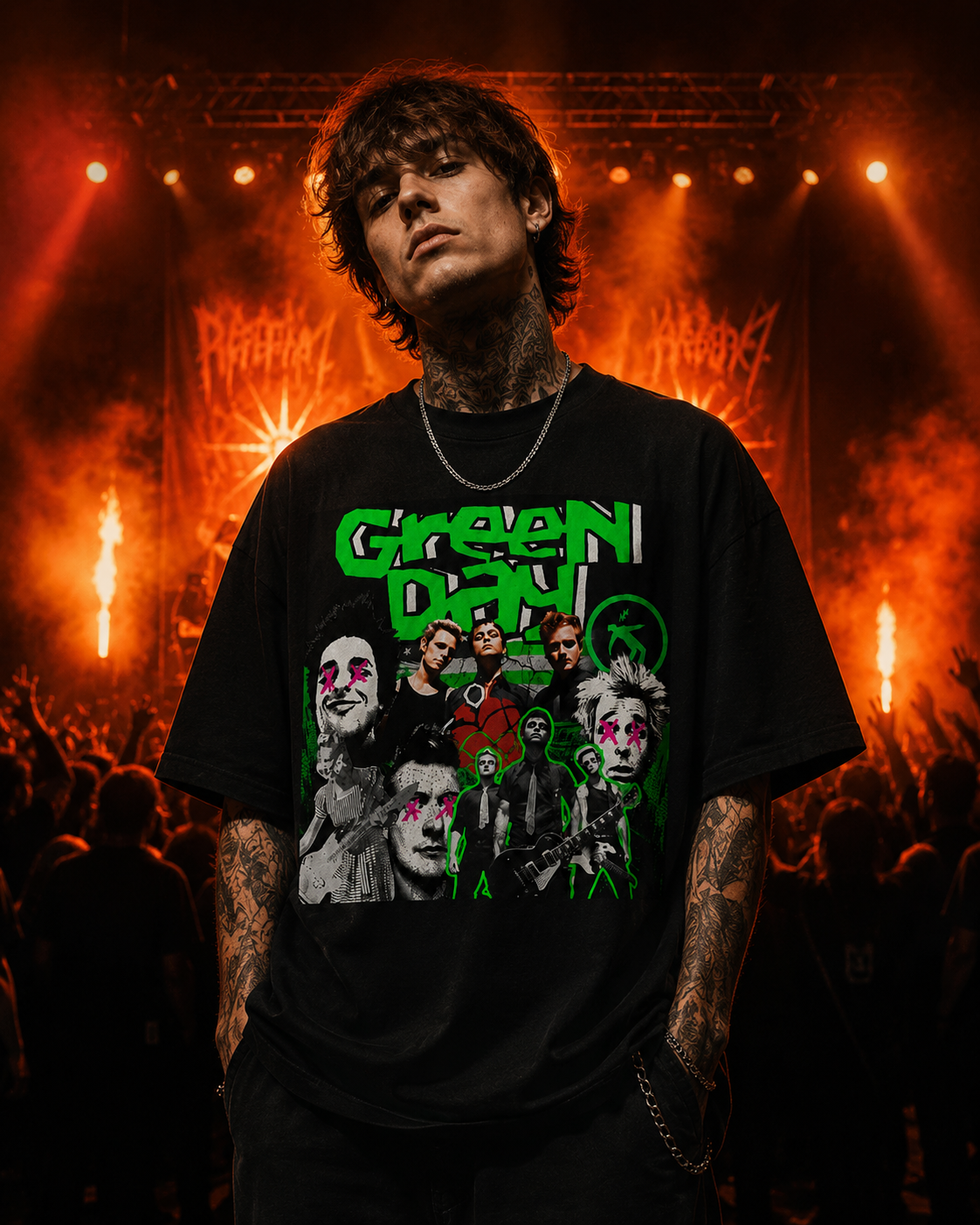 Green Day Unisex Oversized Graphic T-Shirt With Toxic Green Punk Collage Chaos Design 
