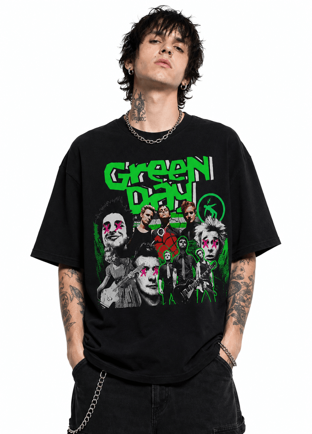 Green Day Unisex Oversized Graphic T-Shirt With Toxic Green Punk Collage Chaos Design Male Model