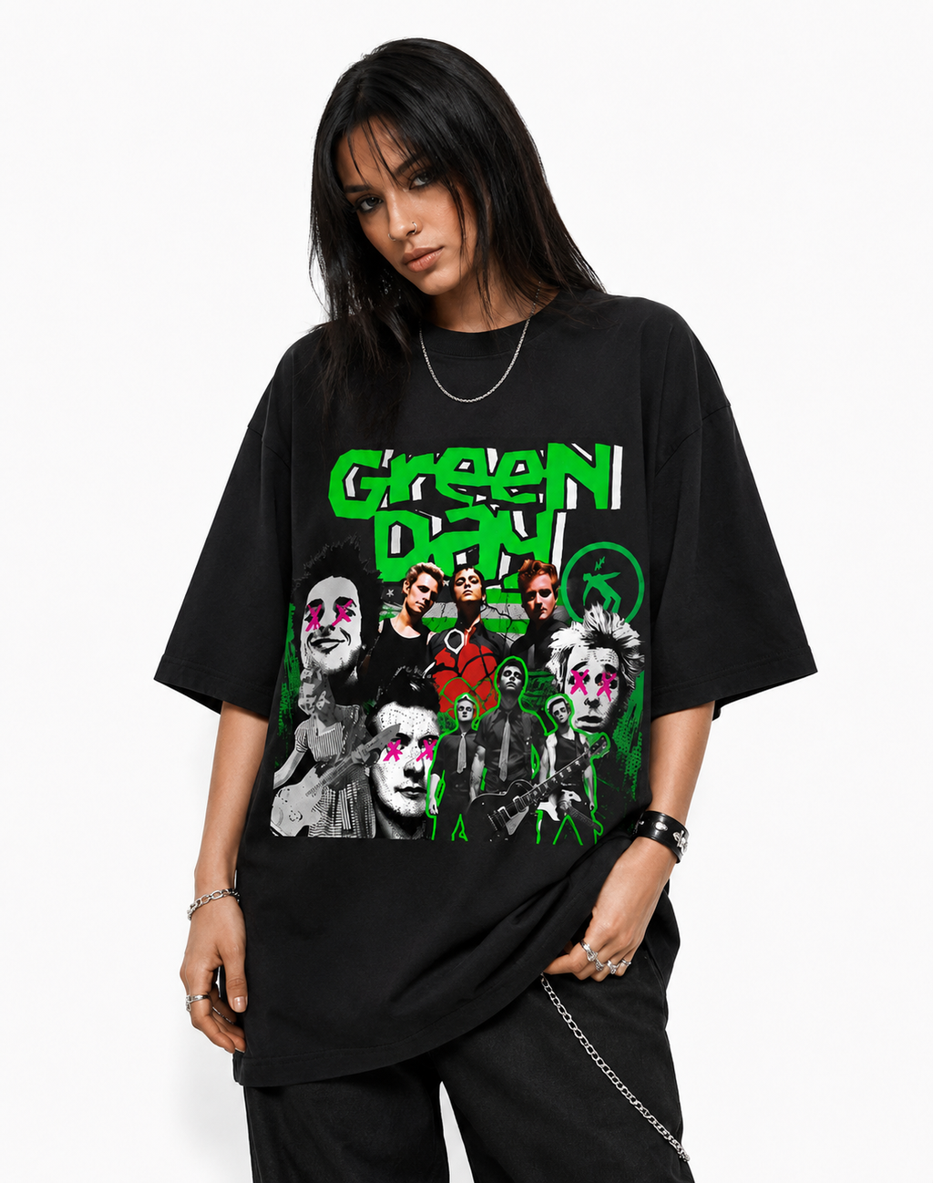 Green Day Unisex Oversized Graphic T-Shirt With Toxic Green Punk Collage Chaos Design 