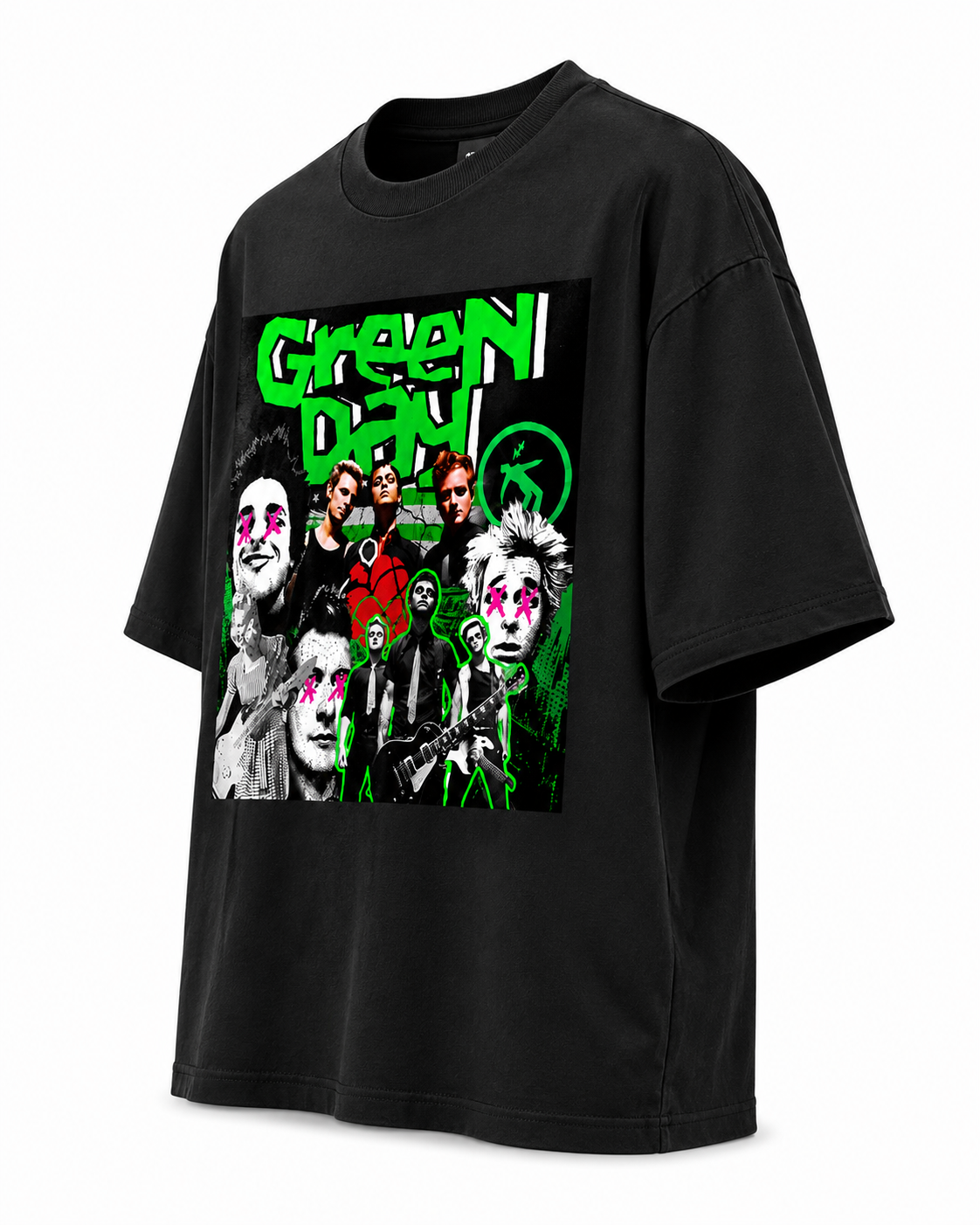 Green Day Unisex Oversized Graphic T-Shirt With Toxic Green Punk Collage Chaos Design 