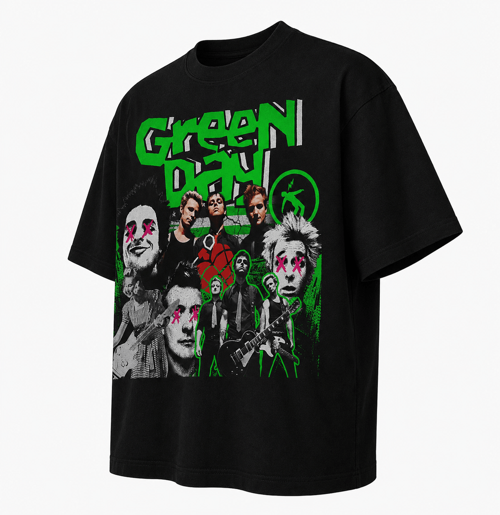 Green Day Unisex Oversized Graphic T-Shirt With Toxic Green Punk Collage Chaos Design Side