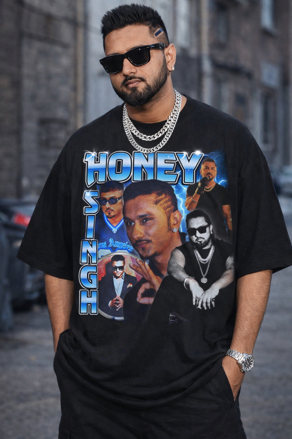Honey Singh neon power desi hip hop unisex oversized graphic t-shirt styled for men in streetwear look.
