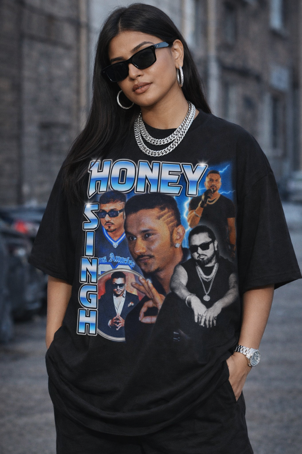 Honey Singh neon power desi hip hop unisex oversized graphic t-shirt for women in electric Y2K style 100% cotton.