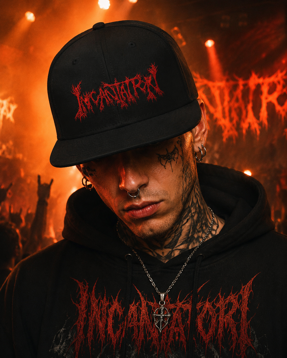 Incantation Unisex Snapback Cap With Blood Red Thorned Logo Design