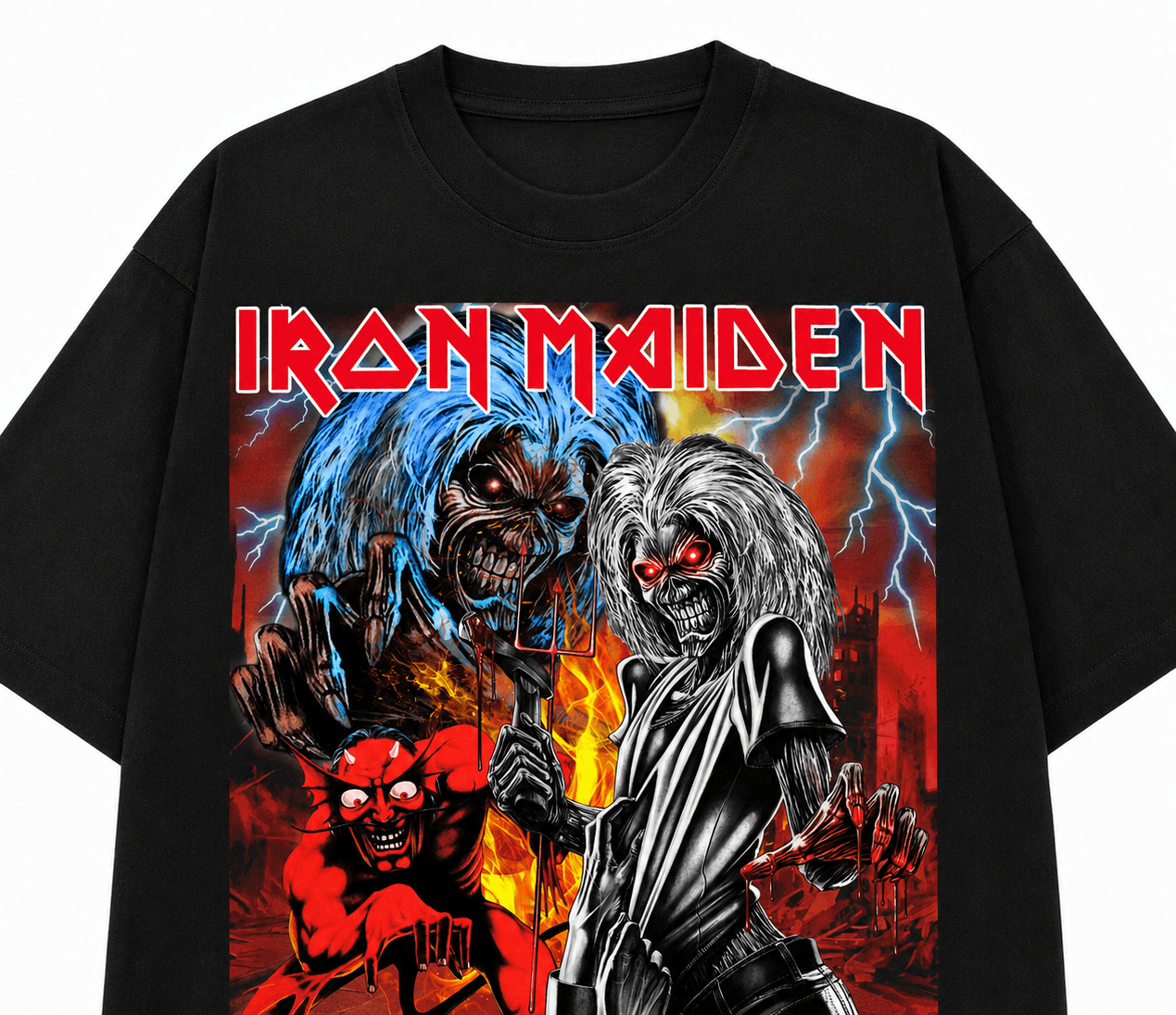Iron Maiden Unisex Oversized Graphic T-Shirt Red Eddie Apocalypse Design Close Up