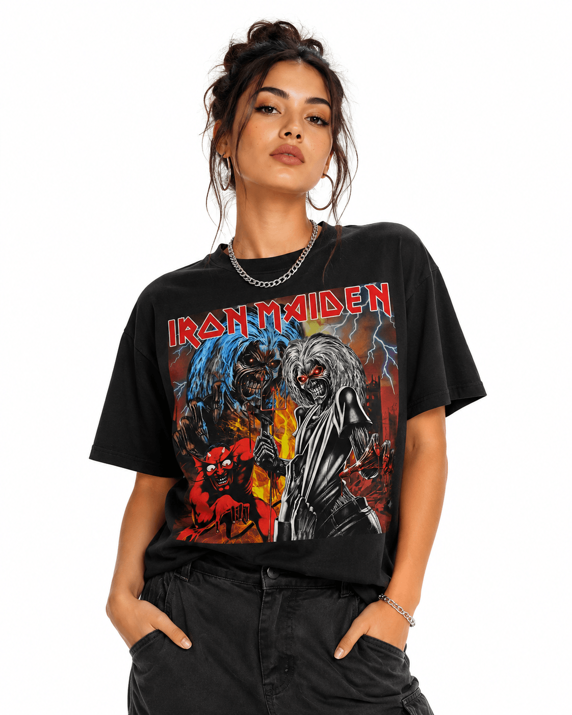Iron Maiden Unisex Oversized Graphic T-Shirt Red Eddie Apocalypse Design Female Model