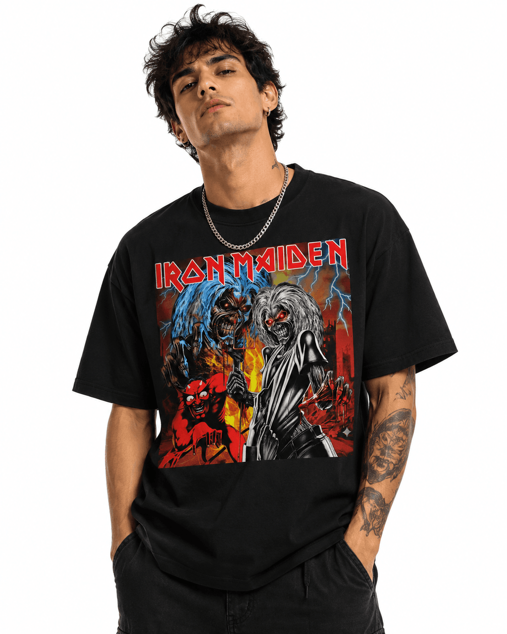 Iron Maiden Unisex Oversized Graphic T-Shirt Red Eddie Apocalypse Design Male Model