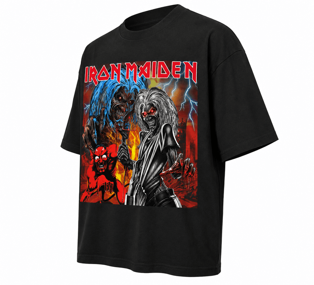 Iron Maiden Unisex Oversized Graphic T-Shirt Red Eddie Apocalypse Design Side
