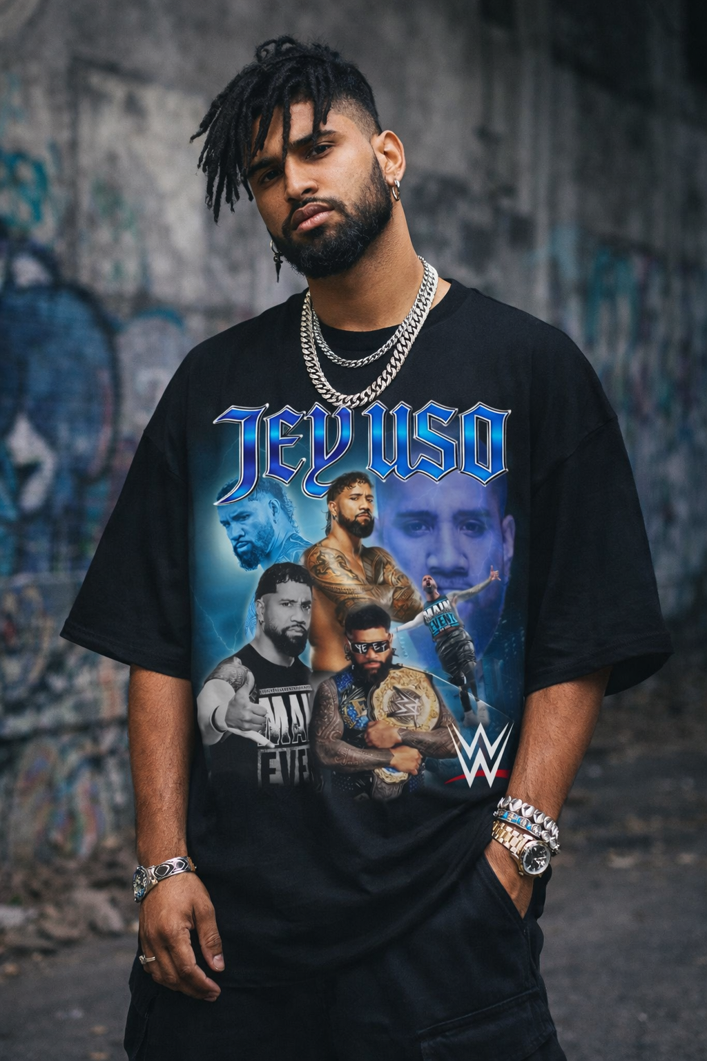Jey Uso Bloodline Era YEET WWE Oversized Graphic T-Shirt styled on men showing championship power and streetwear vibe.
