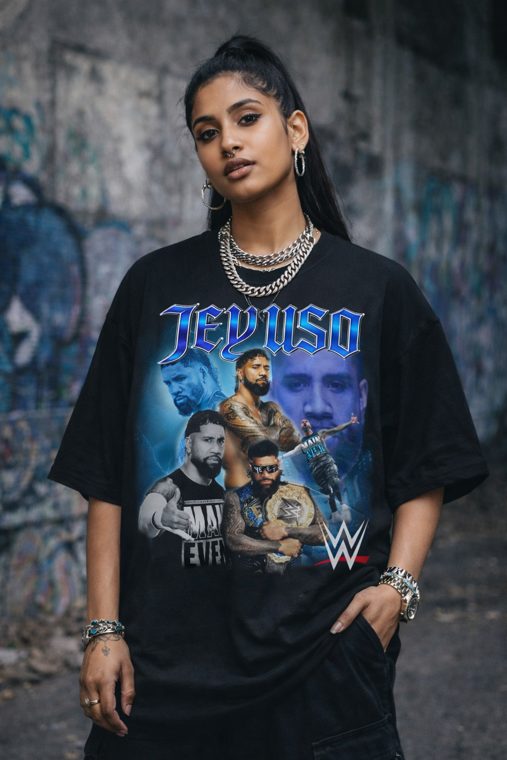 Jey Uso Bloodline Era YEET WWE Oversized Graphic T-Shirt styled on women with bold legacy-inspired wrestling fashion.
