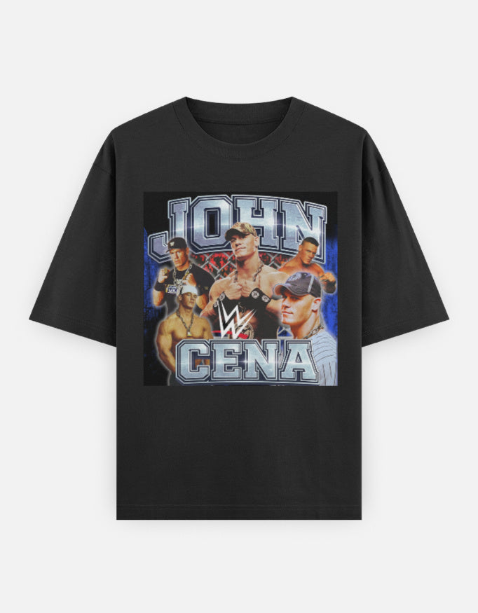 John Cena Fearless Champ Energy WWE unisex oversized graphic t-shirt front view, bold wrestling design with silver metallic typography.
