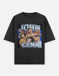 John Cena Fearless Champ Energy WWE unisex oversized graphic t-shirt front view, bold wrestling design with silver metallic typography.
