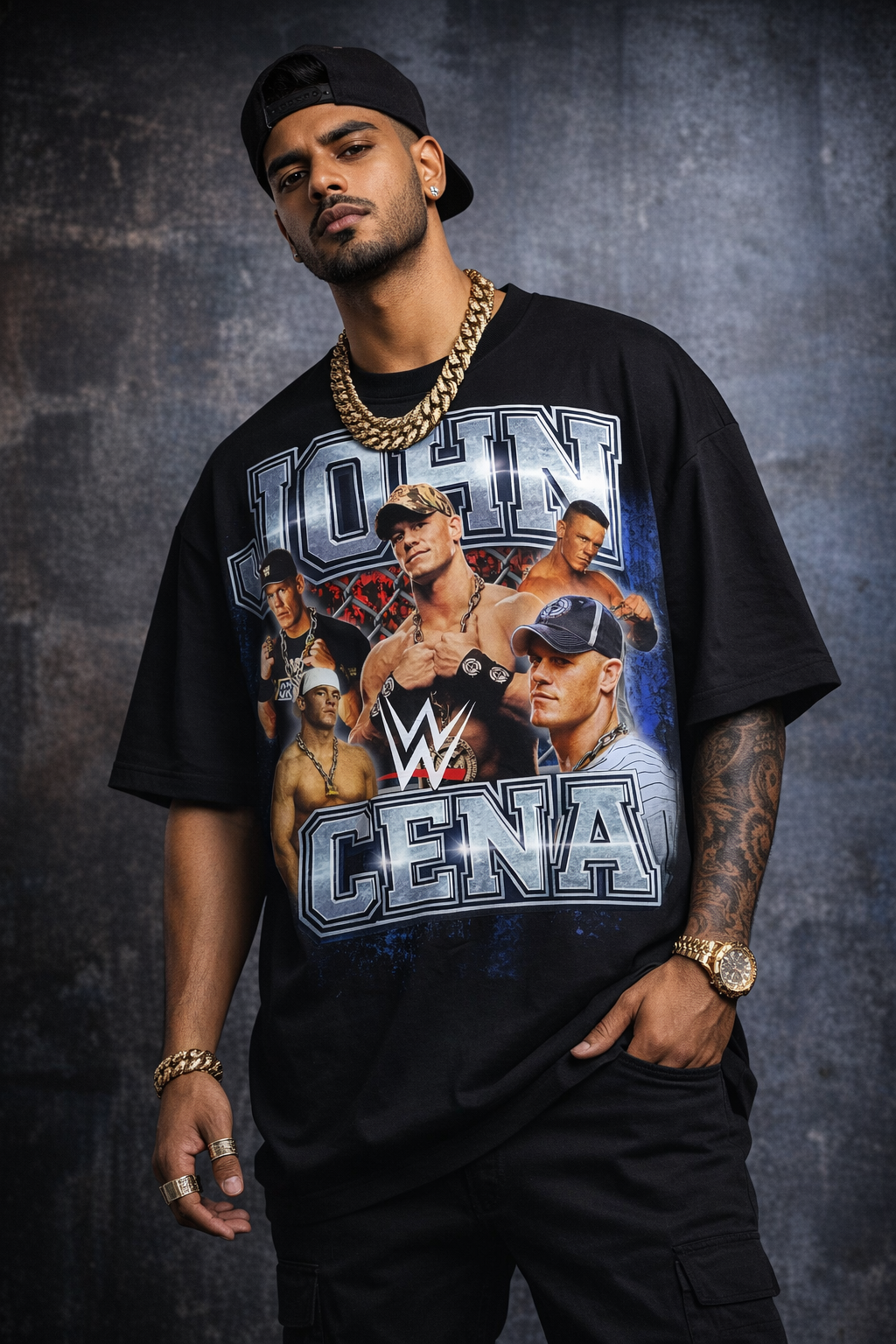 John Cena Fearless Champ Energy WWE oversized graphic t-shirt styled for men, bold streetwear wrestling aesthetic.
