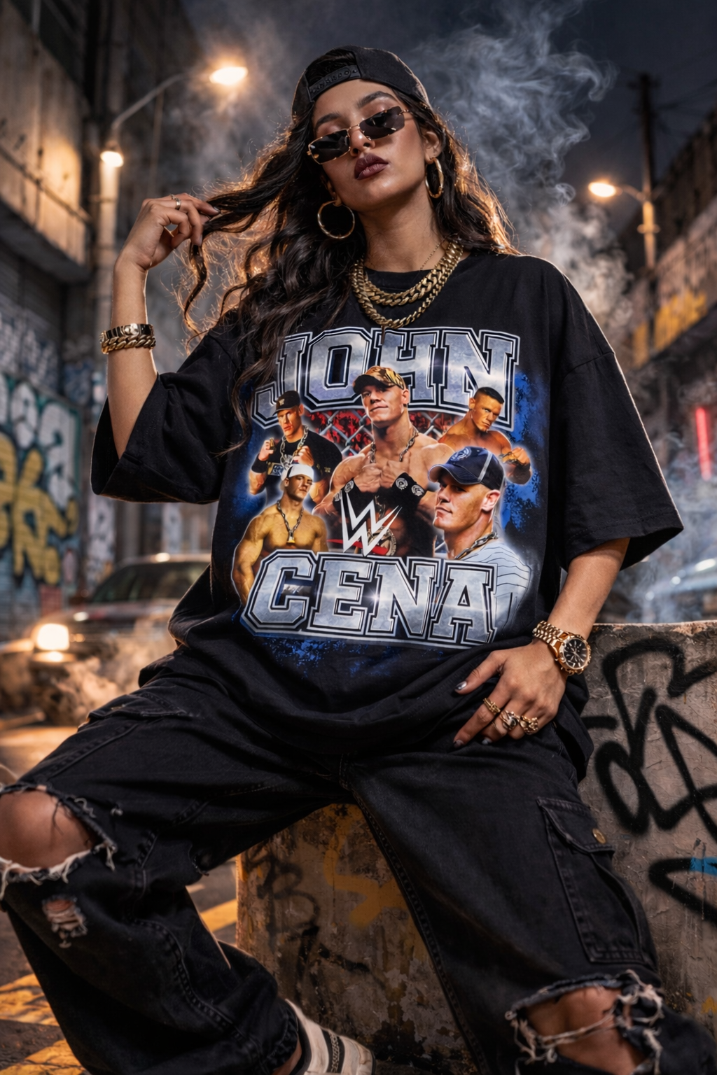 John Cena Fearless Champ Energy WWE oversized graphic t-shirt styled for women, unisex fit with strong wrestling energy style.
