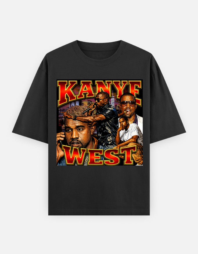 Kanye West Fiery Red Hip Hop Performer unisex oversized graphic t-shirt with bold streetwear energy and spotlight design. 