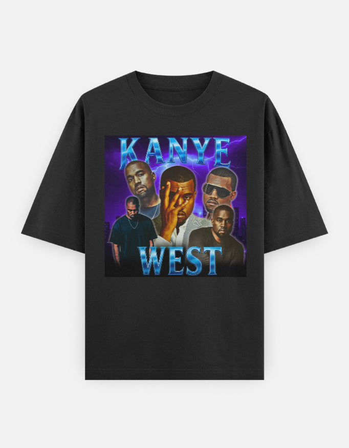 Kanye West neon electric skyline unisex oversized graphic T-shirt front look with thunder energy and bold visual impact.
