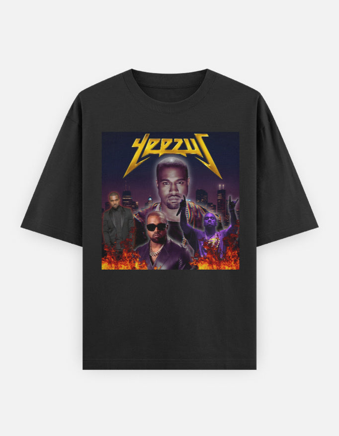 Kanye West Yeezus hip hop fire unisex oversized graphic T-shirt front look with chaos energy and bold flame visuals.
