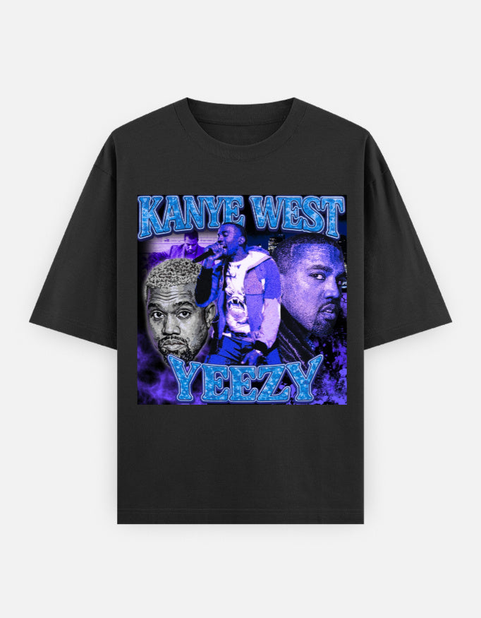 Kanye West Yeezy Raw Authenticity Unisex Oversized Graphic T-Shirt with nebula-inspired blue-purple cosmic artwork.
