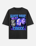 Kanye West Yeezy Raw Authenticity Unisex Oversized Graphic T-Shirt with nebula-inspired blue-purple cosmic artwork.
