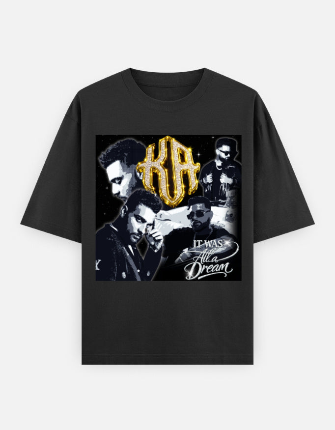Karan Aujla black gold grunge gravitas oversized graphic t-shirt front, street culture, Punjabi pop energy and attitude, bold typography.
