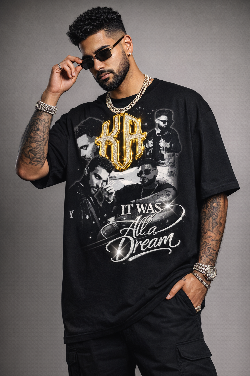 Karan Aujla black gold grunge gravitas oversized t-shirt men look, street culture energy, Punjabi pop, bold typography style.
