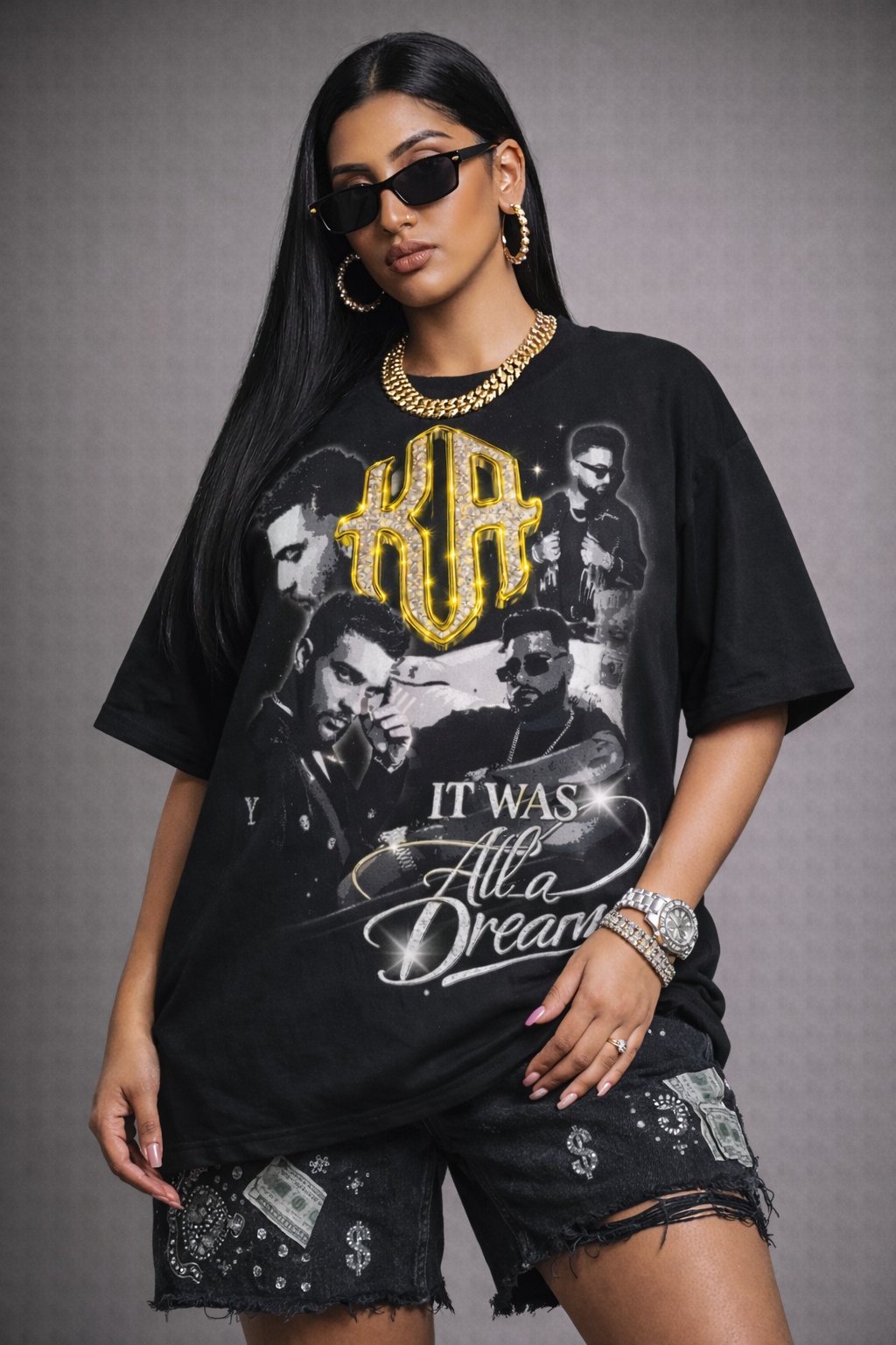 Karan Aujla black gold grunge gravitas oversized t-shirt women look, street style, rebellious energy, Punjabi pop culture.
