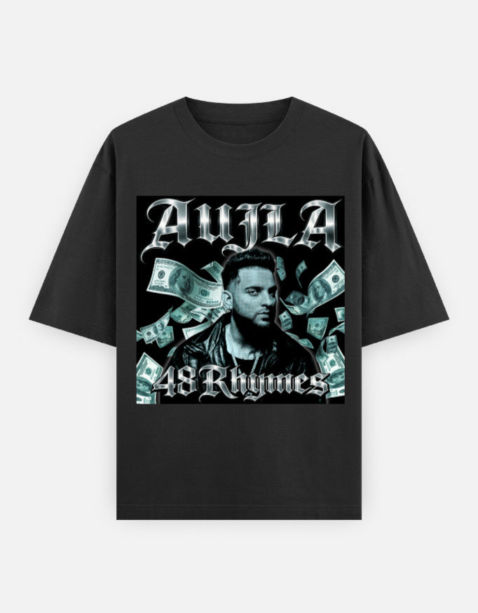 Karan Aujla Live It Up front look Oversized Graphic T-Shirt with bold streetwear style, vibrant energy, and standout attitude in 100% cotton apparel.
