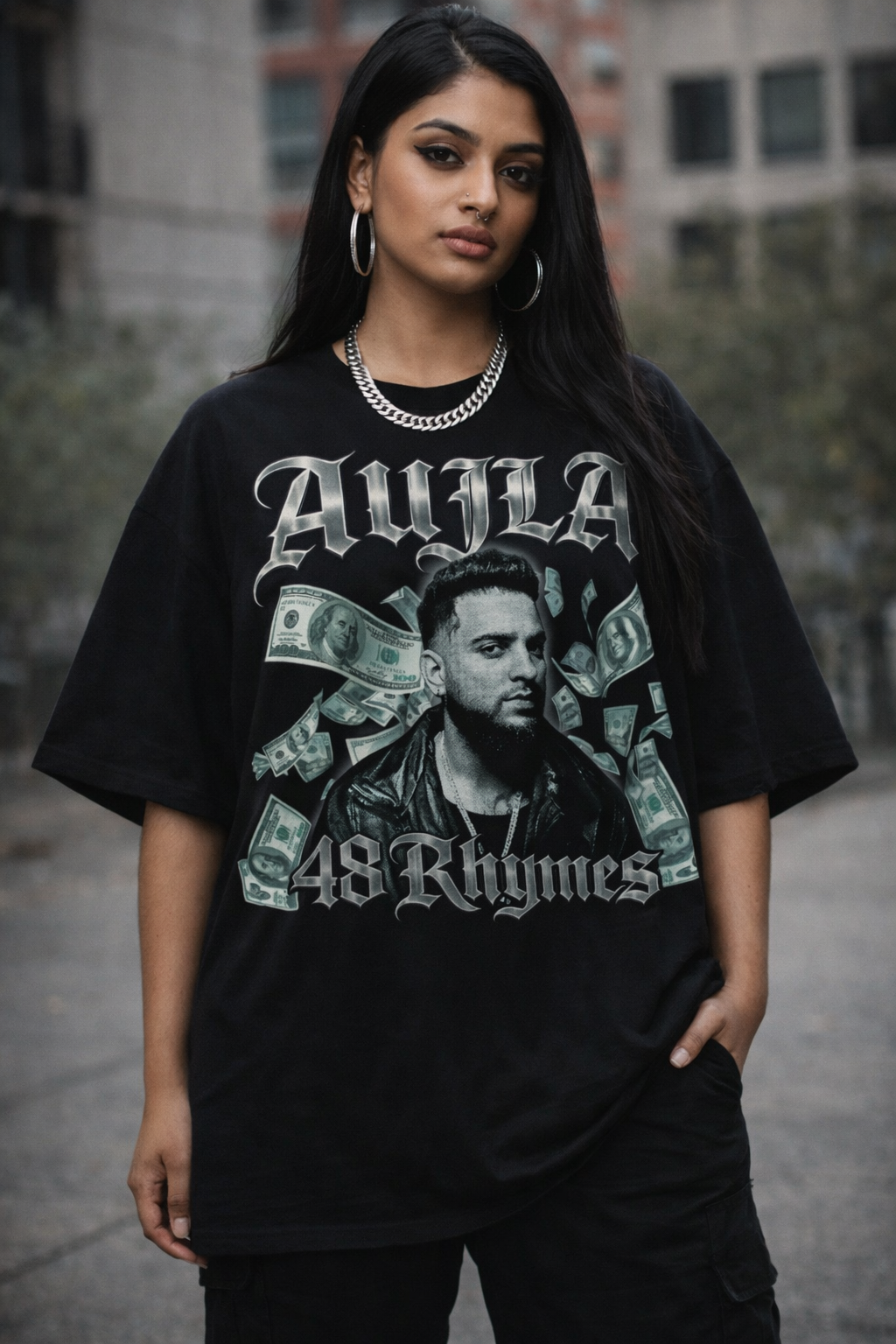 Karan Aujla Live It Up oversized graphic T-shirt for women, stylish streetwear apparel with vibrant vibes, bold energy & attitude.