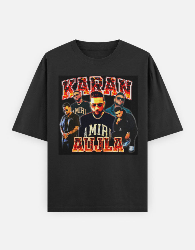 Karan Aujla retro bootleg hip hop oversized graphic t-shirt front, bold vintage vibes, streetwear culture, confident style.
