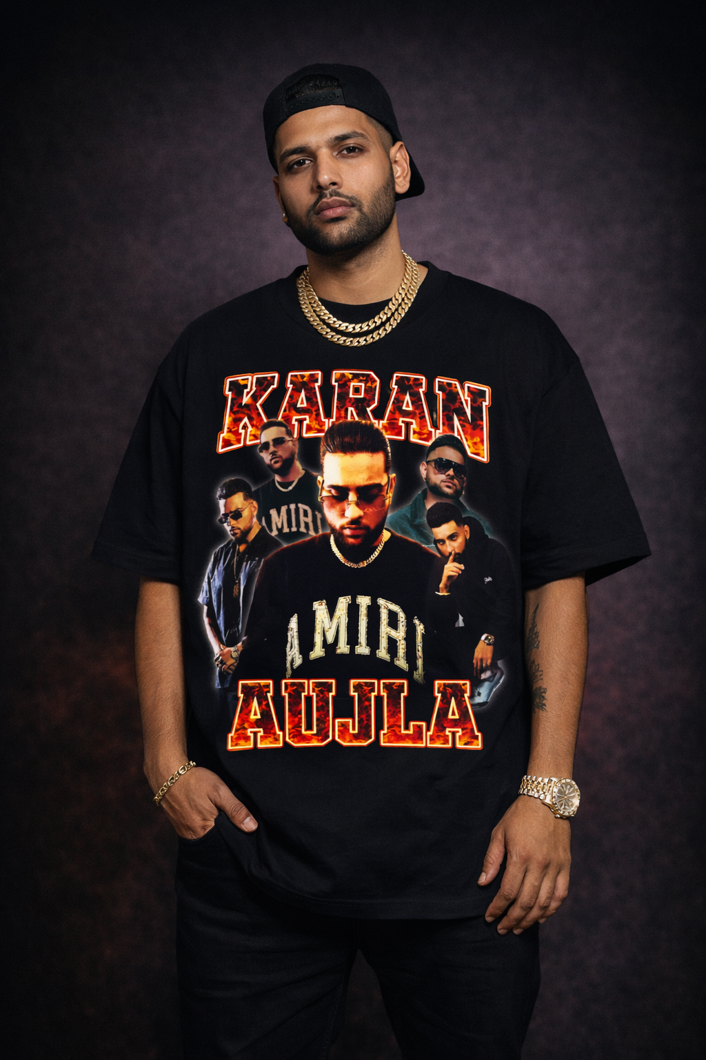 Karan Aujla retro bootleg hip hop oversized t-shirt men look, bold vintage vibes, streetwear culture, confident rep style.