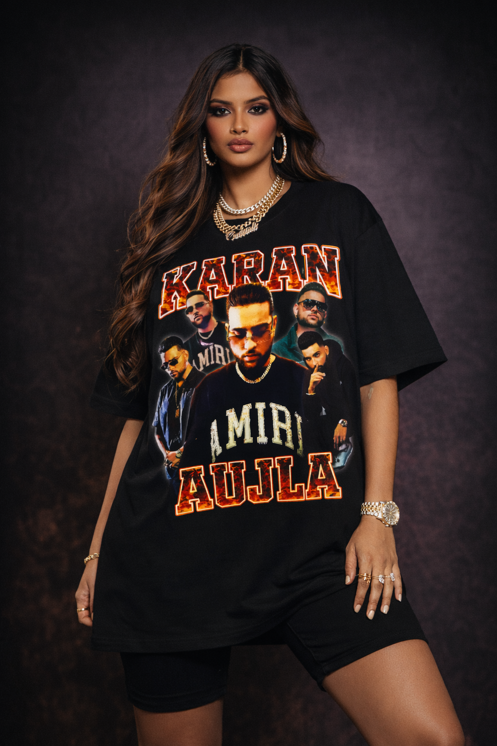 Karan Aujla retro bootleg hip hop oversized t-shirt women look, bold vibes, vintage streetwear culture, confident style.
