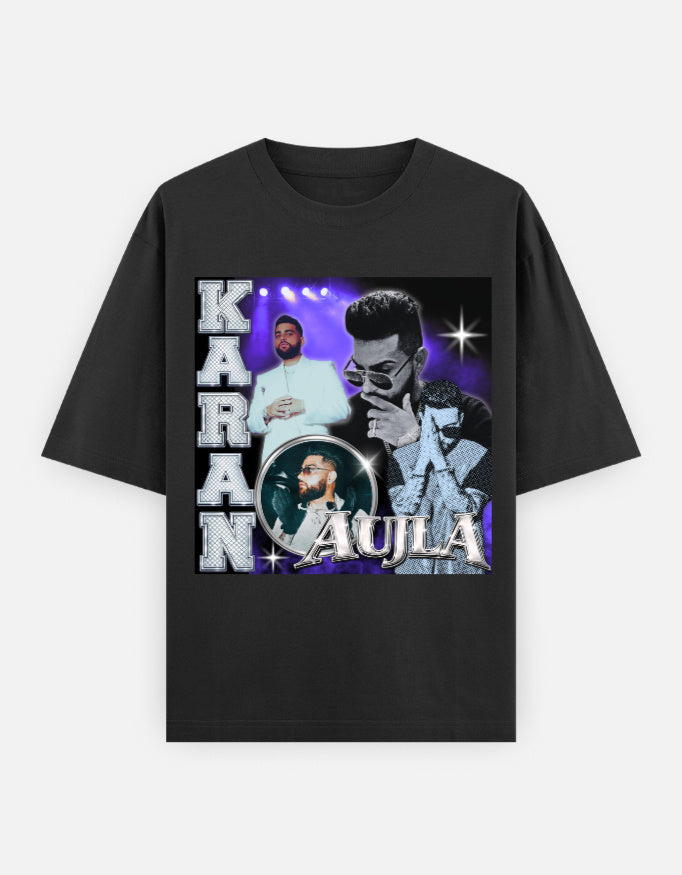 Karan Aujla vintage distressed purple oversized graphic T-shirt front look with retro streetwear style, classic vibe and timeless attitude.