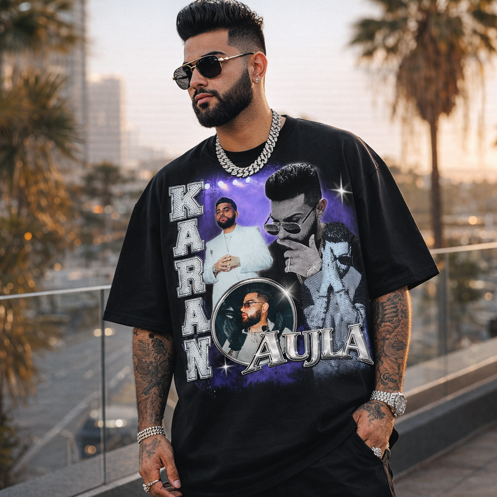 Karan Aujla vintage distressed purple oversized graphic T-shirt men look in 100% cotton with retro vibe, classic streetwear style and attitude.
