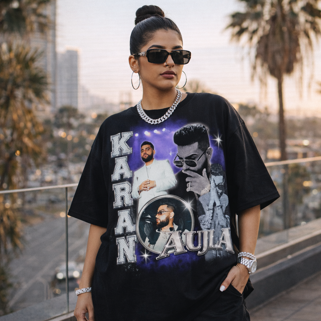 Karan Aujla vintage distressed purple oversized graphic T-shirt women look with timeless retro style, streetwear vibe and attitude.
