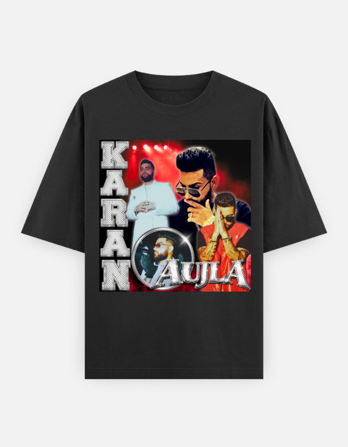 Front look of Karan Aujla Y2K Neon Nostalgia Hip Hop Oversized Graphic T-Shirt with bold retro-futuristic streetwear vibes & energy.

