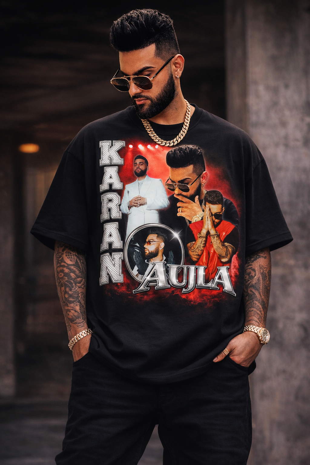 Men look of Karan Aujla Y2K Neon Nostalgia Hip Hop Oversized Graphic T-Shirt with bold energy, retro-futuristic vibes & fearless attitude.
