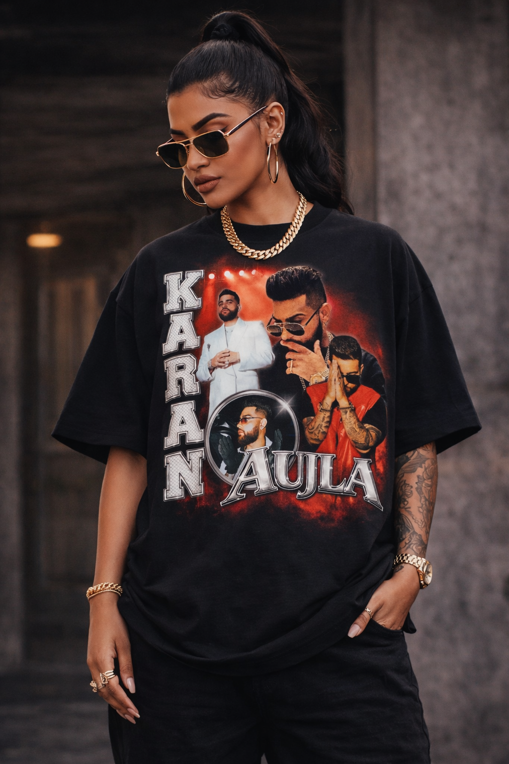 Women look of Karan Aujla Y2K Neon Nostalgia Hip Hop Oversized Graphic T-Shirt with neon vibes, streetwear style, energy & bold attitude.
