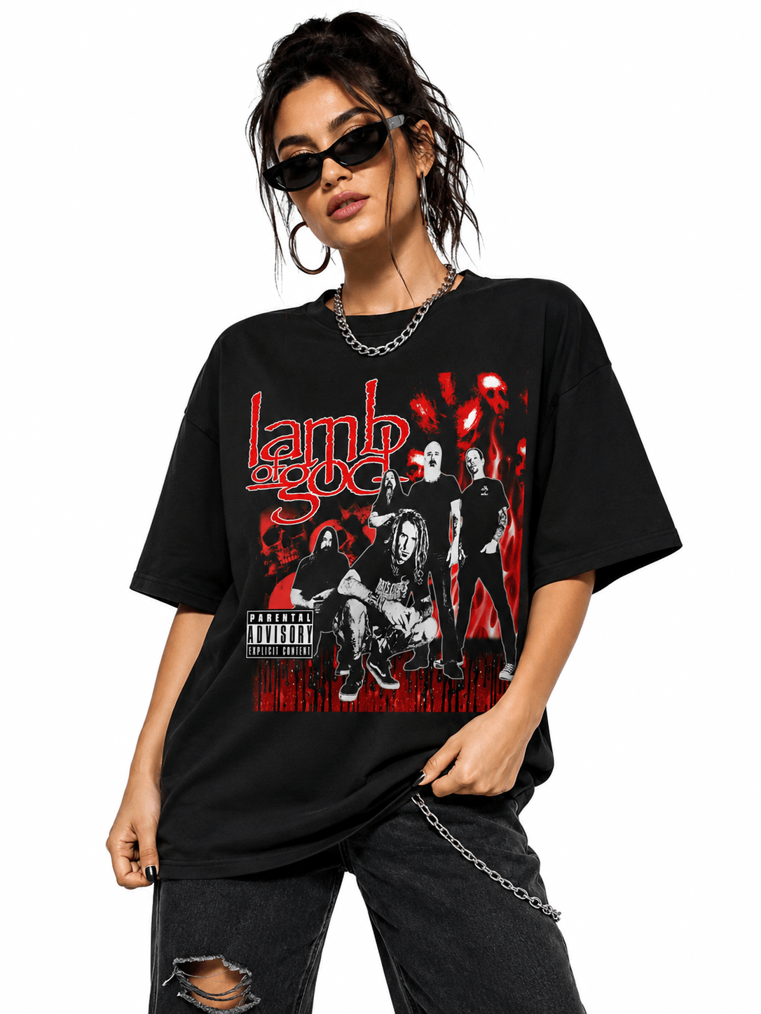 Lamb Of God Unisex Oversized Graphic T-Shirt  Blood Red Band Collage Chaos Design Female Model