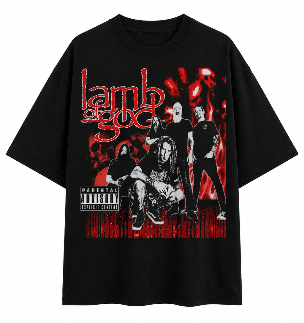 Lamb Of God Unisex Oversized Graphic T-Shirt  Blood Red Band Collage Chaos Design Front 