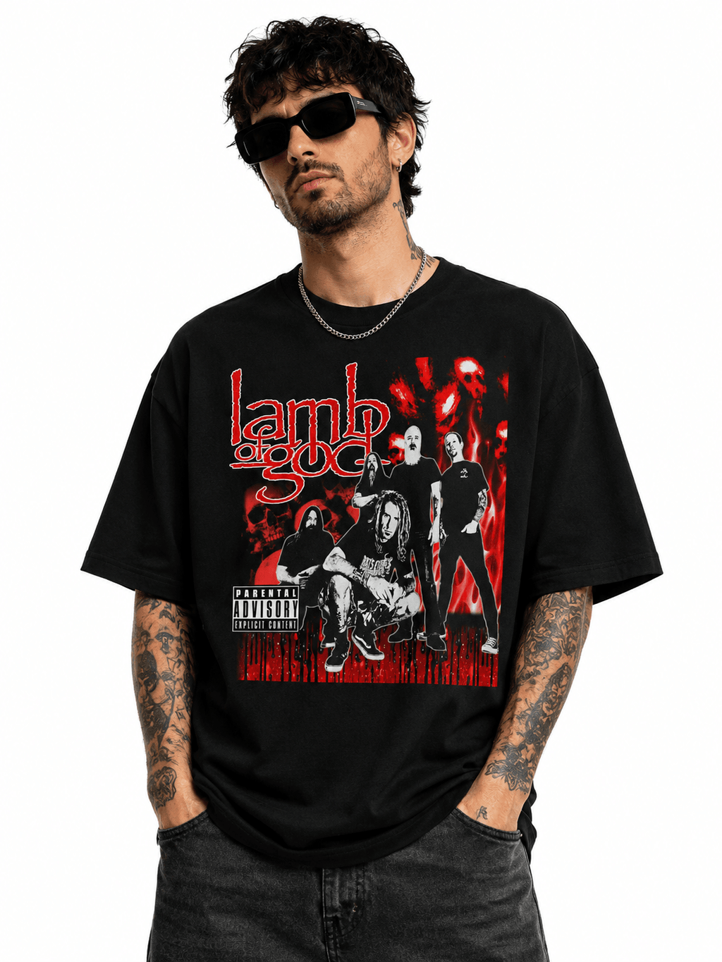 Lamb Of God Unisex Oversized Graphic T-Shirt  Blood Red Band Collage Chaos Design Male Model